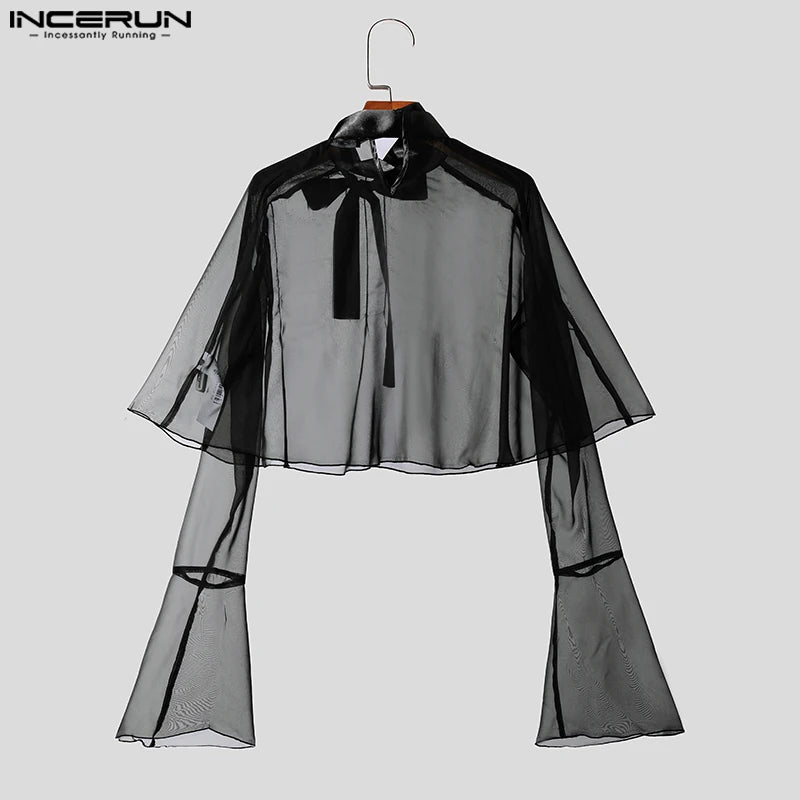 INCERUN Tops 2023 Style américain élégant hommes transparent ruban à volants chemisier loisirs fête spectacle mince chemises à manches longues S-5XL