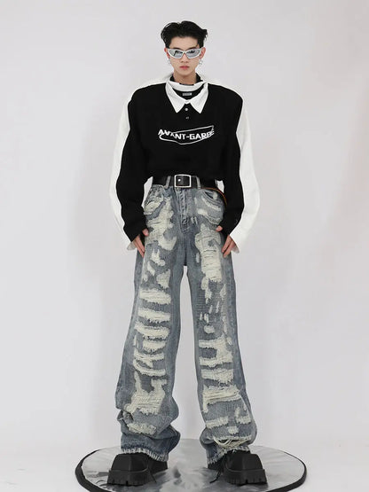 HOUZHOU Hip Hop Zerrissene Jeans Männer High Street Männlichen Distressed Denim Breite Bein Hosen Casual Hosen Vintage