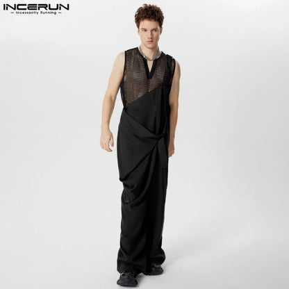 INCERUN 2024 American Style New Men's Jumpsuits Solid Straight Tube Loose All-match Rompers Casual Clubwear Male Overalls S-5XL