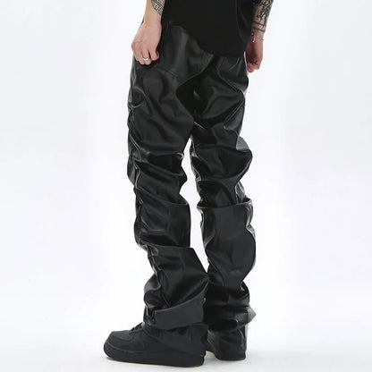 Pantalon plissé en cuir PU pour homme, style hip-hop, style rétro, streetwear, ample, froncé, décontracté, droit, couleur unie, noir