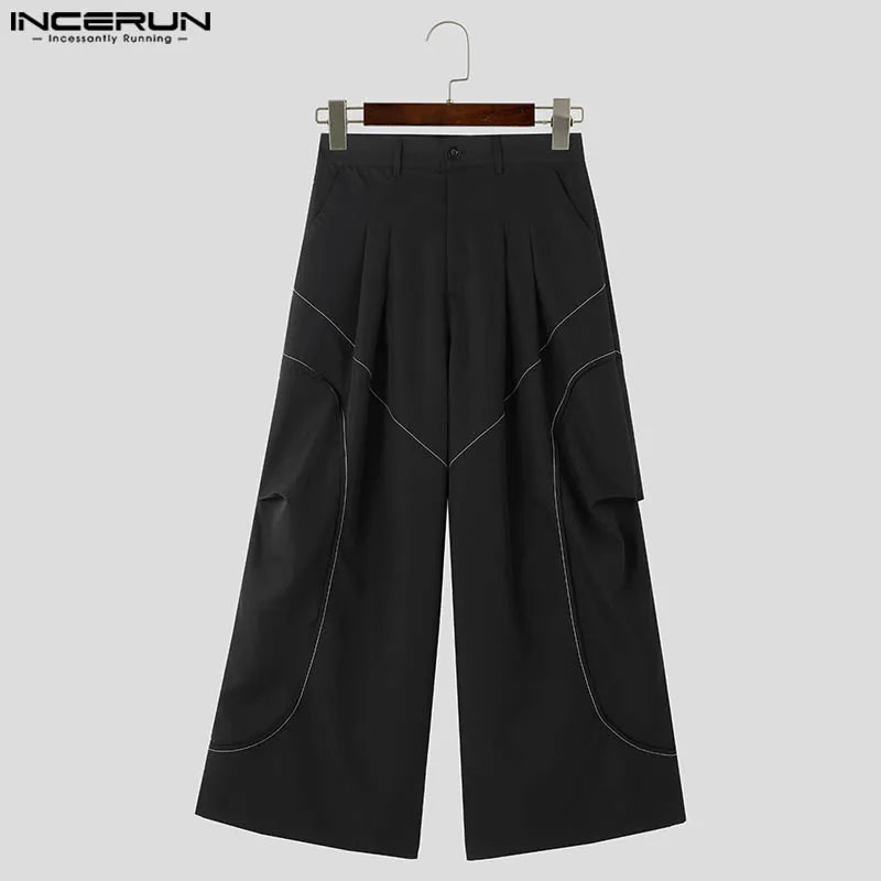 INCERUN 2024 Korean Style Pantalons New Men's Solid Line Splicing Pants Casual Simple Male All-match Straight Leg Trousers S-5XL