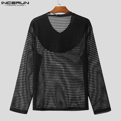 INCERUN Tops 2023 American Style Fashionable Mens Layered Mesh Design T-shirts Casual Solid Long Sleeved Pullover Camiseta S-5XL