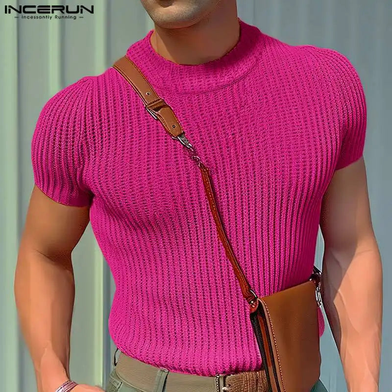 Men's T Shirt Solid Color Knitted Turtleneck Short Sleeve Casual Men Clothing Streetwear 2024 Summer Fashion Camisetas INCERUN