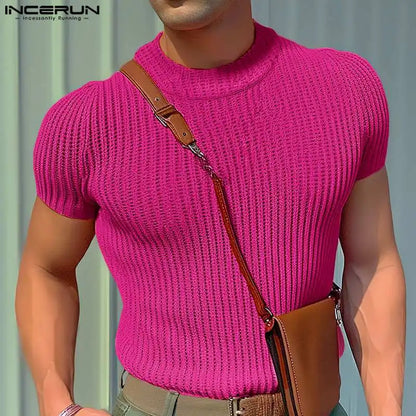 Men's T Shirt Solid Color Knitted Turtleneck Short Sleeve Casual Men Clothing Streetwear 2024 Summer Fashion Camisetas INCERUN