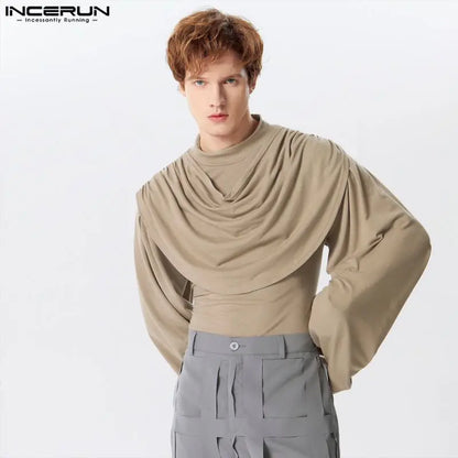 INCERUN Men T Shirt Turtleneck Long Sleeve Pleated Male Irregular Tee Tops Streetwear 2024 Solid Color Casual Fashion Camisetas