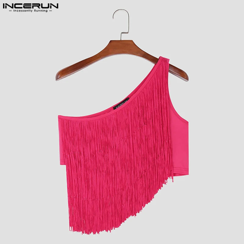 Party Nightclub Style Tops INCERUN Men Sexy Sloping Shoulder Tassel Cropped Vests Stylish Clubwear Hot Sale Thin Tank Tops S-5XL