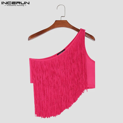 Party Nightclub Style Tops INCERUN Men Sexy Sloping Shoulder Tassel Cropped Vests Stylish Clubwear Hot Sale Thin Tank Tops S-5XL