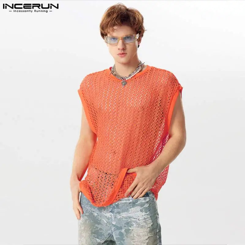 INCERUN Tops 2024 American Style Sexy Men Solid Hollow Perspective Vests Stylish Streetwear Male All-match Loose Tank Tops S-5XL