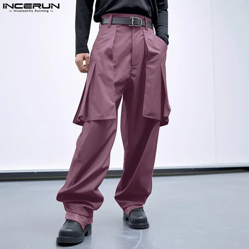 INCERUN 2024 Korean Style Trousers Men Deconstruction Fake Two-piece Design Pantalons Leisure Solid Comfortable Long Pants S-5XL