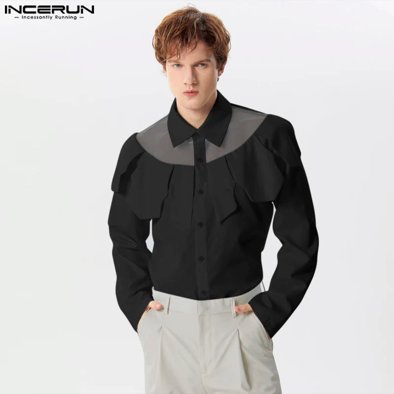 INCERUN Tops 2024 American Style Men's Mesh Splicing Multi Piece Style Shirts Casual Fashionable Male Long Sleeved Blouse S-5XL