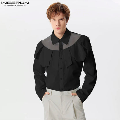 INCERUN Tops 2024 Style américain Hommes Maille Épissage Multi-pièces Style Chemises Décontracté À La Mode Homme Chemisier À Manches Longues S-5XL