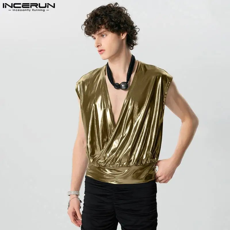 INCERUN Tops 2024 American Style Fashion New Men V-neck Flash Fabric T-shirts Casual Loose Comfortable Sleeveless Camiseta S-5XL