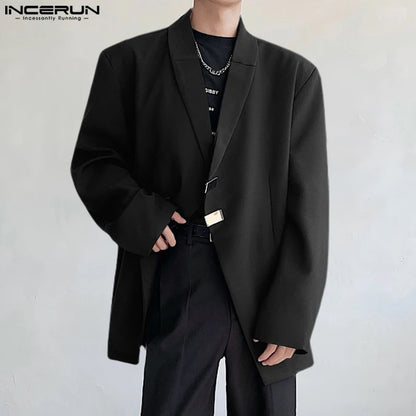 INCERUN Tops 2024 Sexy Men Slanted Neck Metal Buckle Shoulder Pad Blazer Casual Well Fitting Solid Long Sleeved Suit Coats S-5XL