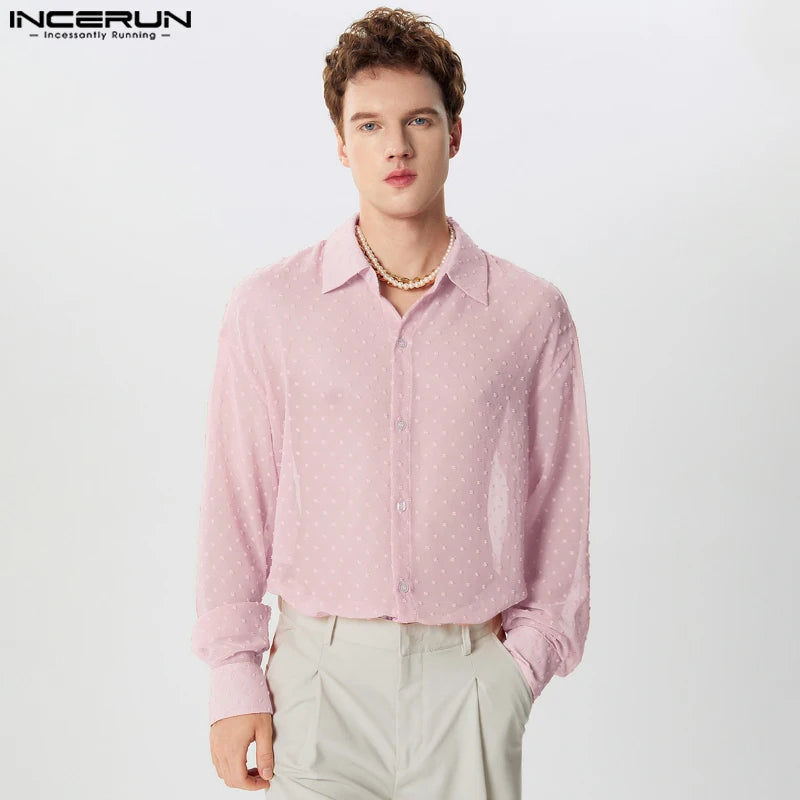 Fashion Well Fitting Tops INCERUN Men's See-through Polka Dot Pattern Shirts Casual Clubwear Thin Long Sleeved Blouse S-5XL 2024