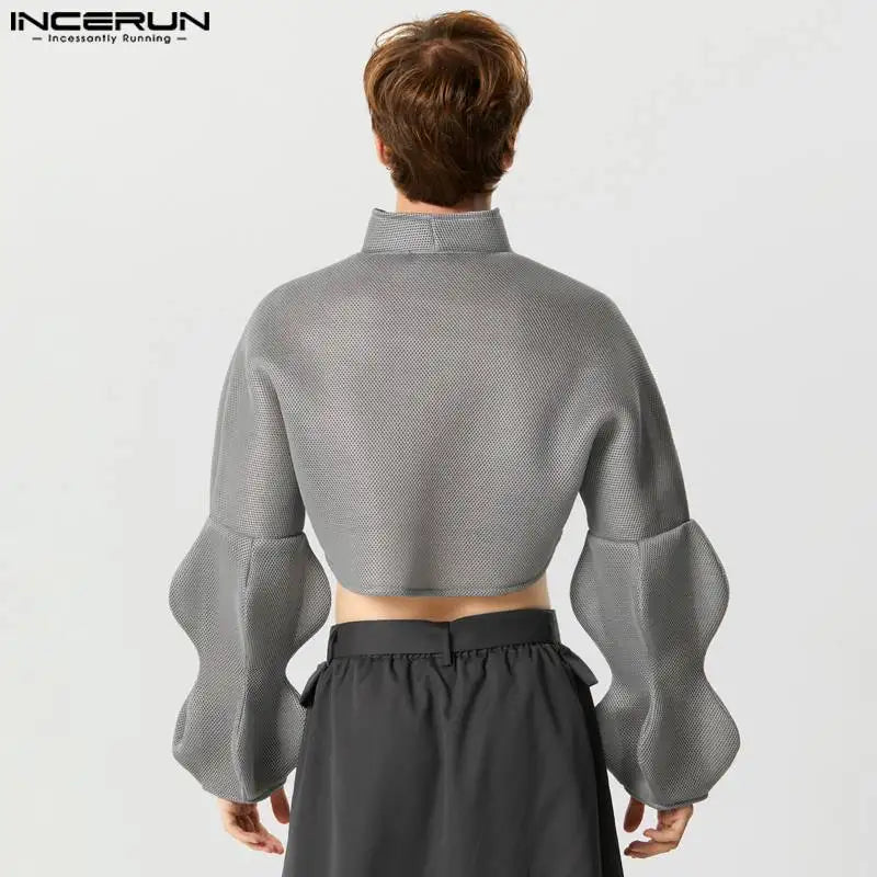 INCERUN Tops 2023 American Style Sexy Men's Cropped Mesh Design Suit Coats Fashion Bubble Sleeves Loose Silhouette Blazer S-5XL