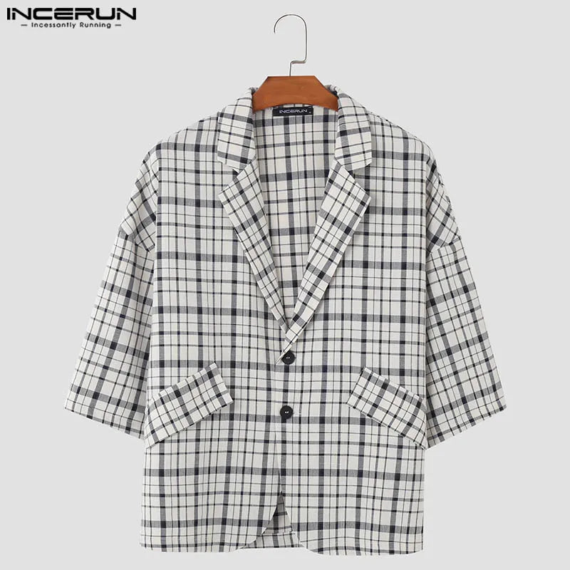 Nouveaux hauts pour hommes INCERUN 2024 Design à carreaux à la mode Manteaux de costume amples Homme Casual Streetwear Blazer à manches mi-longues S-5XL