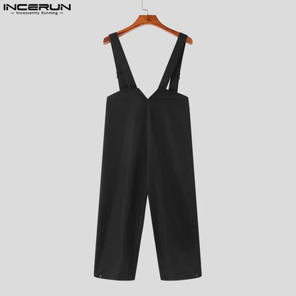 2023 Men Jumpsuits Solid Oversize Korean Sleeveless Streetwear Straps Rompers Fashion Casual Men Wide Leg Overalls S-5XL INCERUN