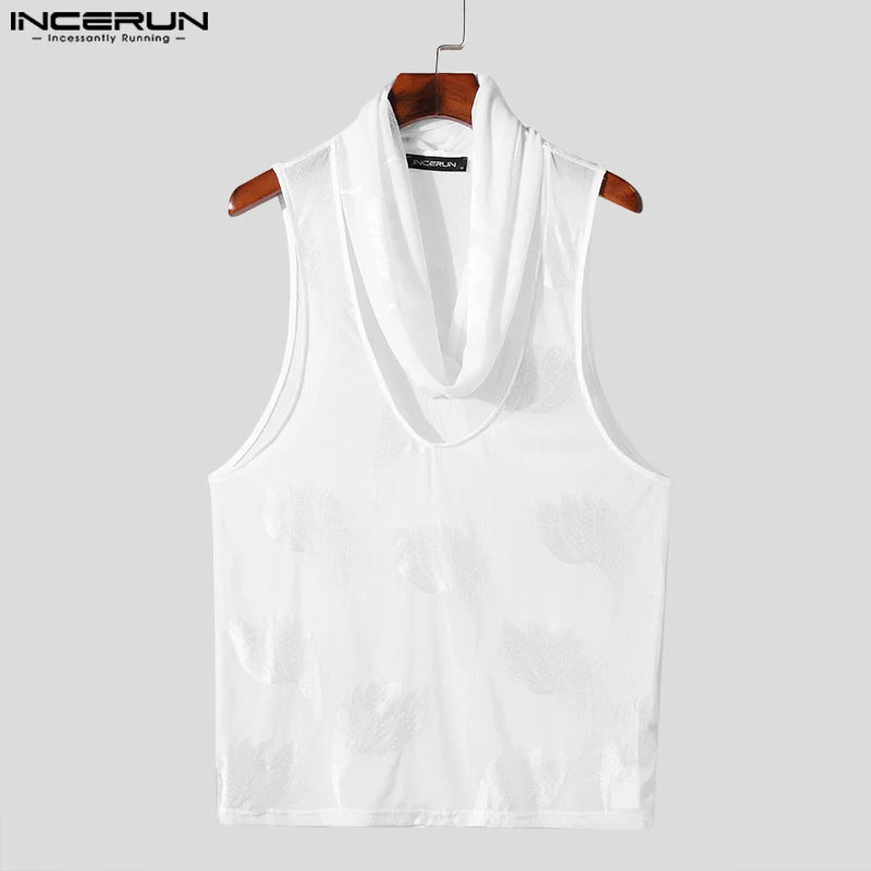 INCERUN Tops 2024 Korean Style Sexy Mens Lace U-neck Design Vests Summer Fashion Male Streetwear Thin Sleeveless Tank Tops S-3XL