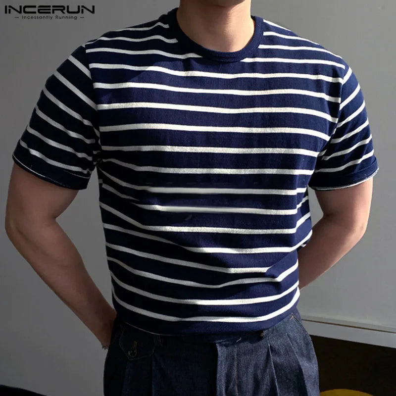 INCERUN Tops 2024 Handsome New Men Striped O-neck Loose T-shirts Fashionable Casual Streetwear Male Short Sleeved Camiseta S-5XL