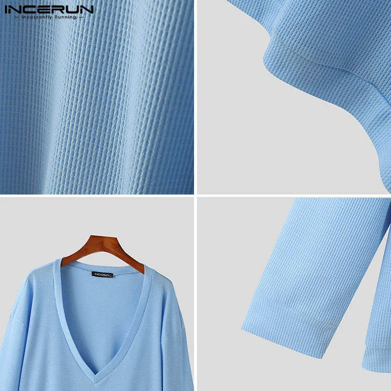 INCERUN 2024 Summer Tops Tee Fashion Long Sleeve Solid V Neck Men T-Shirts Streetwear Men Clothing Oversized S-5XL Chemise