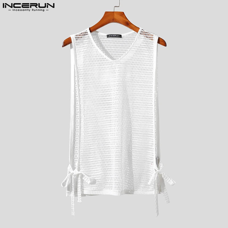 2023 männer Tank Tops Mesh Einfarbig V-ausschnitt Ärmelloses Sommer Transparent Männlichen Westen Lace Up Sexy Streetwear Tops S-5XL INCERUN