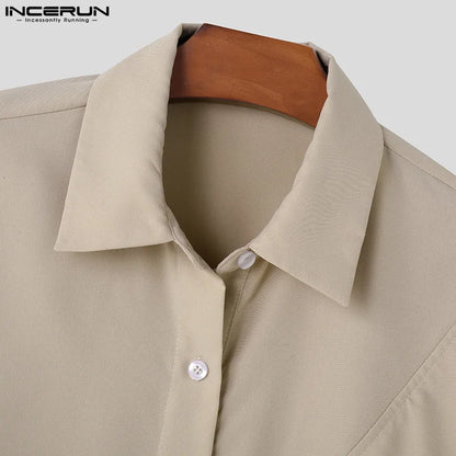 Handsome Well Fitting Tops INCERUN Men Fashion Loose Sloping Design Shirt Casual Streetwear Solid Long Sleeved Blouse S-5XL 2024