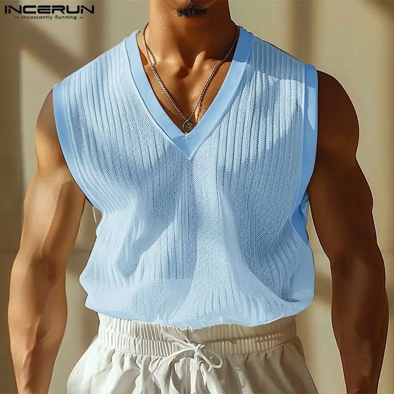 Fashion Casual Style Tops INCERUN New Men V-neck Striped Slightly Transparent Vests Summer Male Loose Sleeveless Tank Tops S-5XL