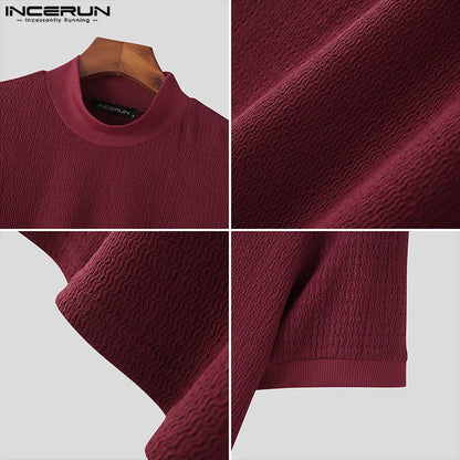 Casual Simple Style Tops INCERUN Men Knitting Pit Strip Camiseta Stylish Solid Half High Collar Short Sleeve T-shirts S-5XL 2023