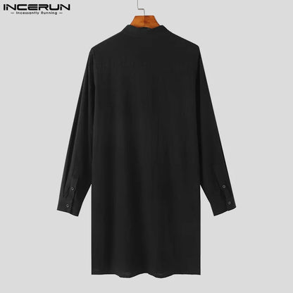 INCERUN 2023 Muslim Style New Men Solid Shirts Casual Streetwear Hot Sale Male Patchwork Standing Neck Long Sleeved Blouse S-5XL