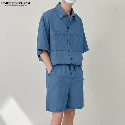 INCERUN 2024 Korean Style Sets Stylish Men's Short Sleeved Shirts Shorts Leisure Streetwear Male Solid Color Suit 2 Pieces S-5XL