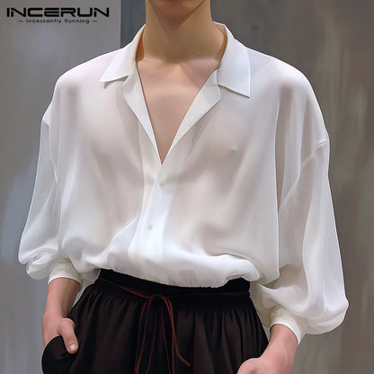 INCERUN Tops 2024 Korean Style New Men's Sexy Slightly Transparent Shirts Casual Personality All-match Long Sleeved Blouse S-5XL