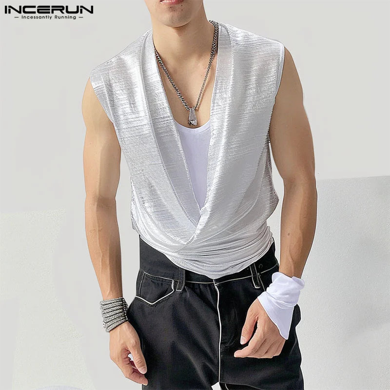 INCERUN Tops 2024 Korean Style Men's Flash Pile Collar Design Tank Tops Casual Clubwear Male Comfortable Sleeveless Vests S-5XL