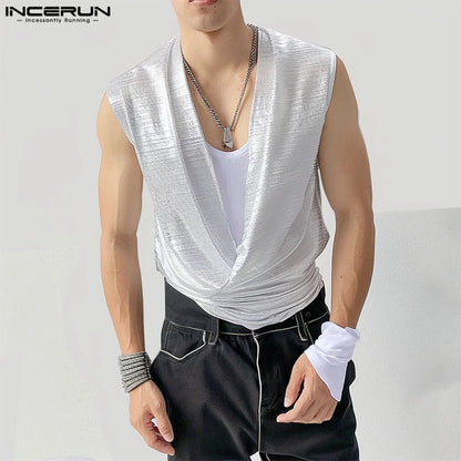 INCERUN Tops 2024 Koreanischen Stil Männer Flash Pile Kragen Design Tank Tops Casual Clubwear Männlichen Bequeme Ärmellose Westen S-5XL