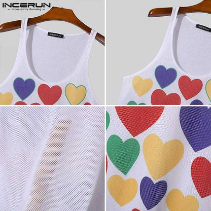 Mode Clubwear Stil Tops INCERUN Männer O-Ausschnitt Bunte Herz Ausgehöhlt Print Tank Tops Streetwear Männliche Persönlichkeit Westen S-5XL