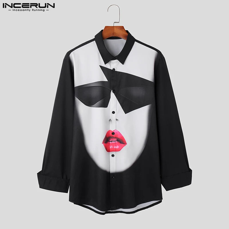 INCERUN Tops 2023 American Style Handsome Men's Abstract Printed Shirts Casual Fashionable Male Long Sleeved Lapel Blouse S-5XL