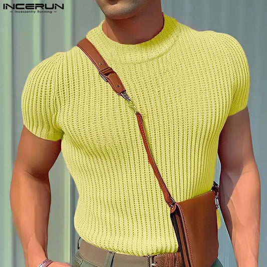 Men's T Shirt Solid Color Knitted Turtleneck Short Sleeve Casual Men Clothing Streetwear 2024 Summer Fashion Camisetas INCERUN