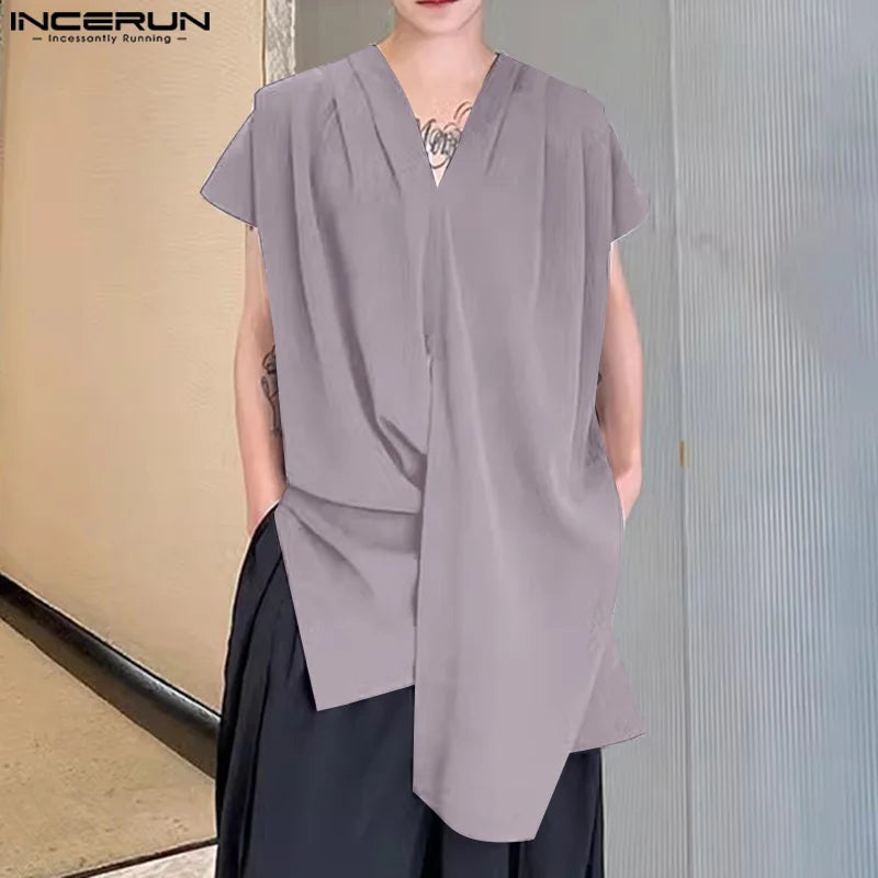 Handsome Well Fitting Tops INCERUN Men Draping Solid V-neck Shirts Fashion Male Shoulder Pleated Short Sleeved Blouse S-5XL 2024