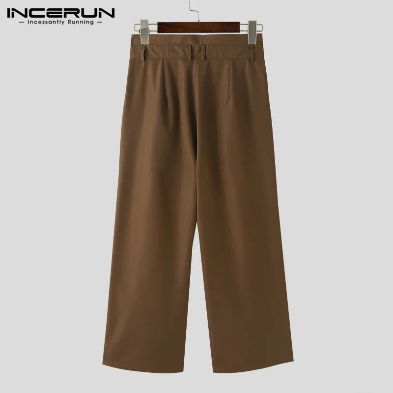 INCERUN 2024 Korean Style Mens Trousers Fashion High Waisted Crossover Design Long Pants Streetwear Straight Leg Pantalons S-5XL