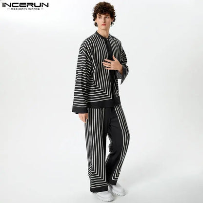 2024 Men Striped Sets V Neck Long Sleeve Shirt & Pants Two Pieces Sets Streetwear Loose Fashion Men's Casual Suits S-5XL INCERUN