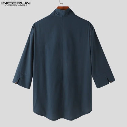 INCERUN Tops 2024 Korean Style Men's Solid Color Ethnic Style Shirts Casual Simple Male Well Fitting Short Sleeved Blouse S-5XL