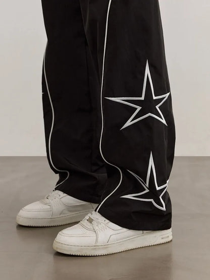 HOUZHOU Y2K Star Parachute Pants Men Streetwear Sports Wide Leg Trousers Male Workwear Hip Hop Harajuku Sweatpants Embroidery