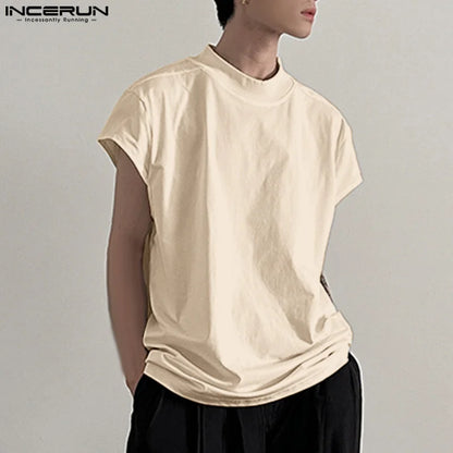 INCERUN Tops 2024 Korean Style New Men Solid Stand Collar Design T-shirts Casual Streetwear Male Loose Sleeveless Camiseta S-5XL