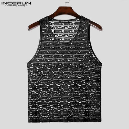 INCERUN Tops 2024 Style américain Hommes Sexy Mesh Perspective Design Gilets Été Mode Homme Vente Chaude Sans Manches Débardeurs S-5XL