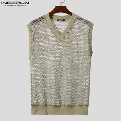 INCERUN Tops 2024 Korean Style Men's Summer Hollow Breathable Mesh Design Vests Casual Sexy Male Thin Sleeveless Tank Tops S-5XL