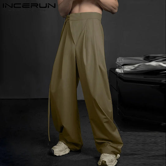 INCERUN 2024 Korean Style Pantalons New Men Casual Streetwear Pleated Lace Up Design Long Pants Male Solid Simple Trousers S-5XL