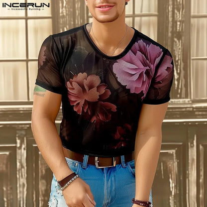 INCERUN Tops 2024 American Style Men's Perspective Flower Print Pattern T-shirt Fashion Casual Thin Short Sleeved Camiseta S-5XL