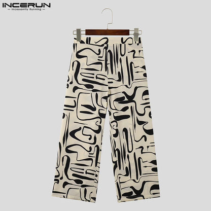 INCERUN 2024 Neue Herrenhose im amerikanischen Stil mit Druckmuster, Allgleiches, Pantalons, lässige Streetwear, breite Beinhose, lange Hose, S-5XL