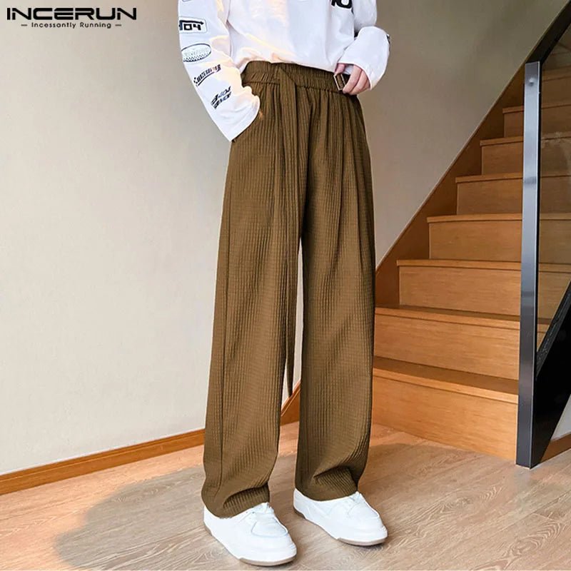 INCERUN 2024 Korean Style Trousers Men's Pleated Striped Loose Pants Casual Solid Comfortable Drape Straight Leg Pantalons S-5XL