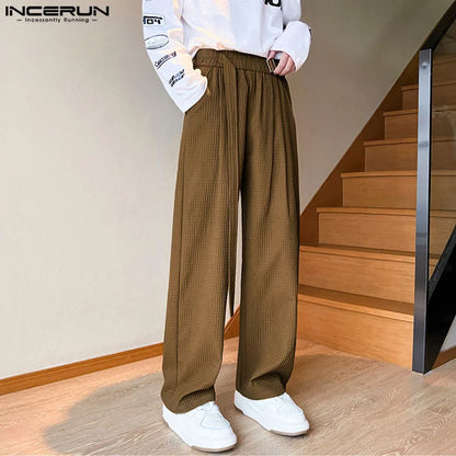 INCERUN 2024 Korean Style Trousers Men's Pleated Striped Loose Pants Casual Solid Comfortable Drape Straight Leg Pantalons S-5XL