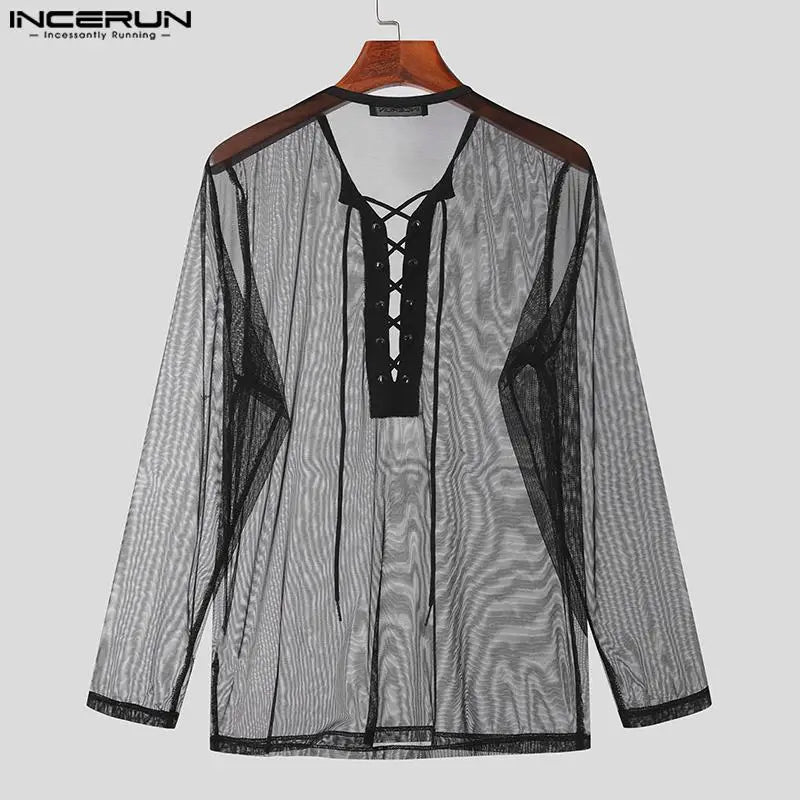 INCERUN Tops 2023 American Style Mens Fashion Sexy Mesh Drawstring T-shirts Leisure Comfortable Thin Long Sleeved Camiseta S-3XL